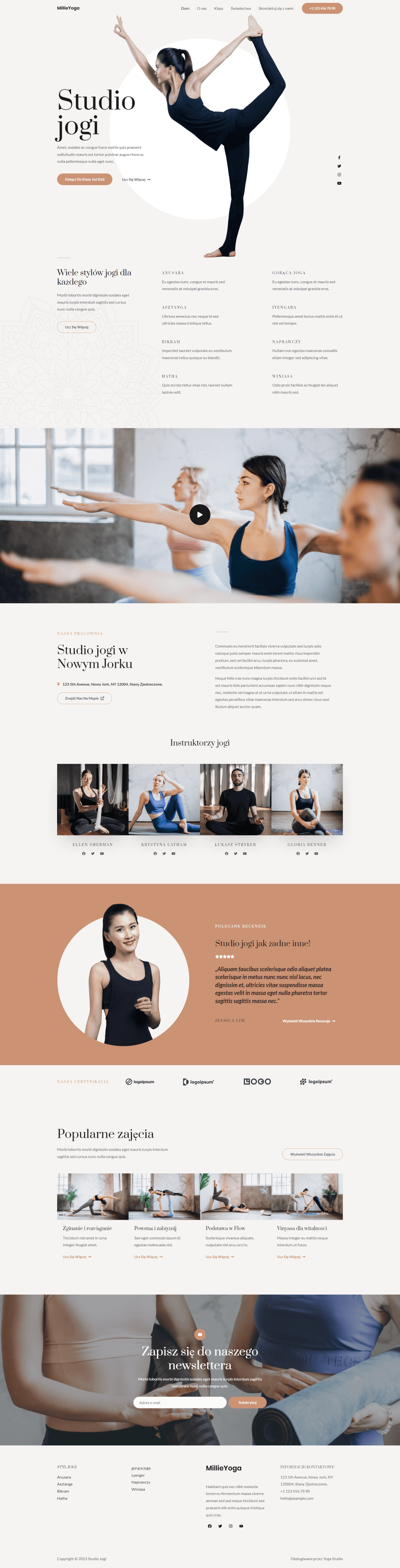 Projekt strony internetowej studia jogi. Spokojna i zachęcająca strona internetowa studia jogi, prezentująca praktyki mindfulness i dobrostan