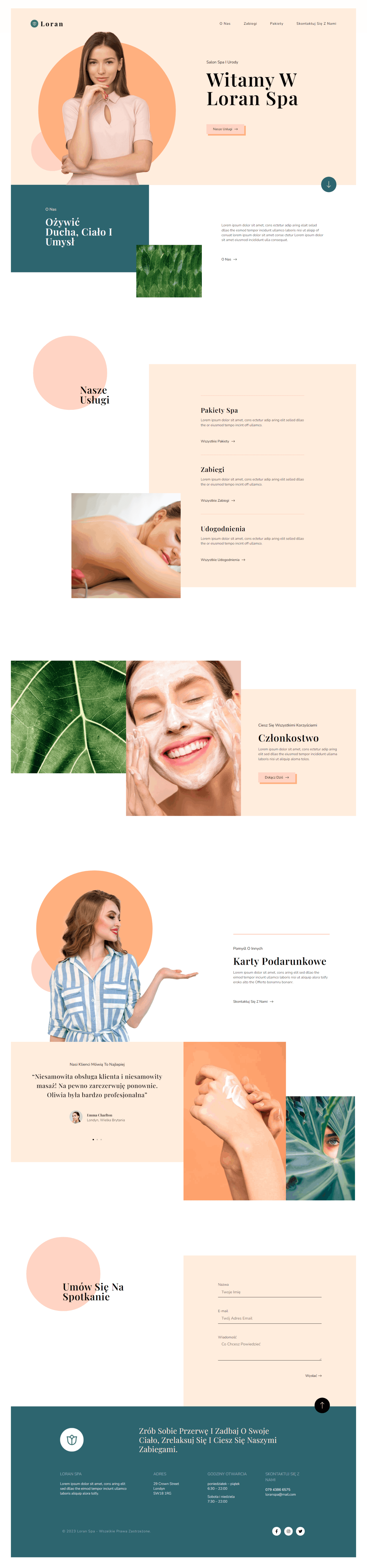 Projekt strony internetowej: Elegancka strona internetowa SPA, ukazująca przyjemne i relaksacyjne doświadczenie wellness.